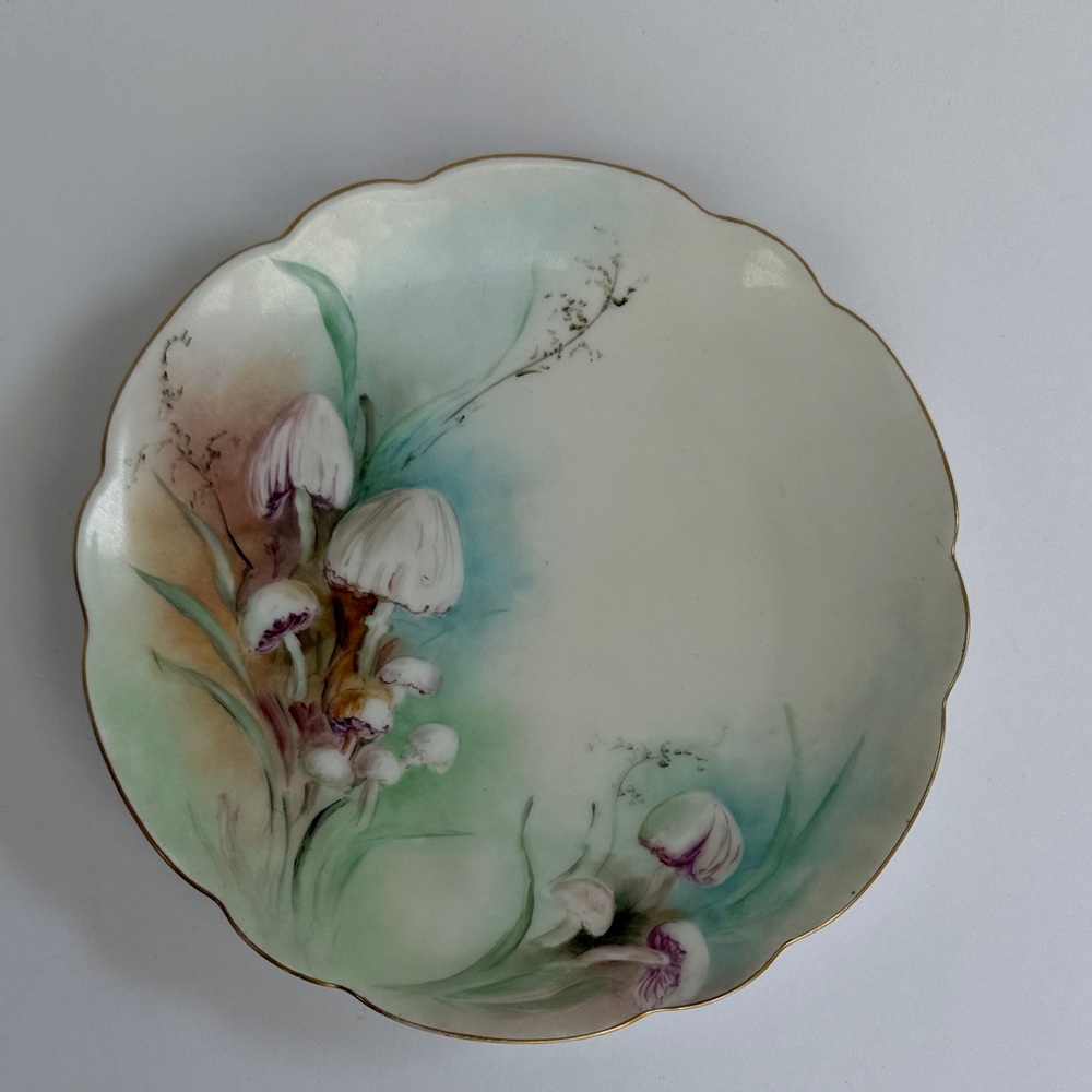 Hand-Painted Mushroom Porcelain Plate in Pastel Greens & Purples